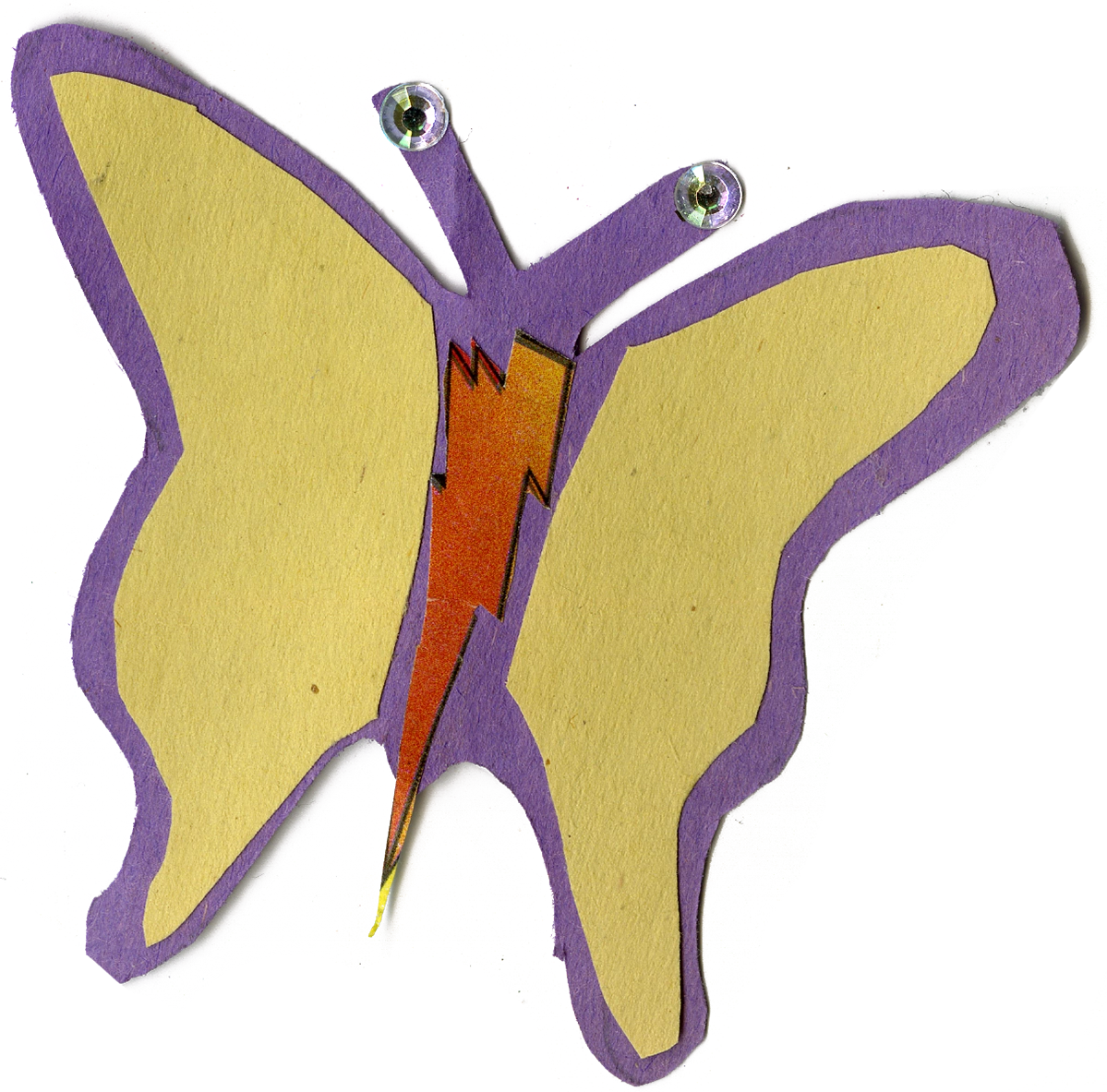 yellow and purple collaged butterfly with rhinestones on its antenna