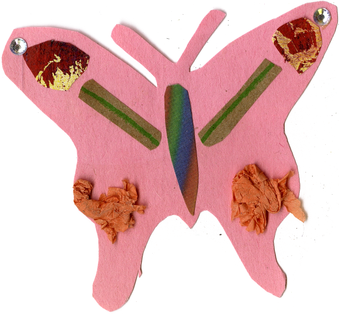 pink collaged butterfly with rhinestones at the tips of the wings